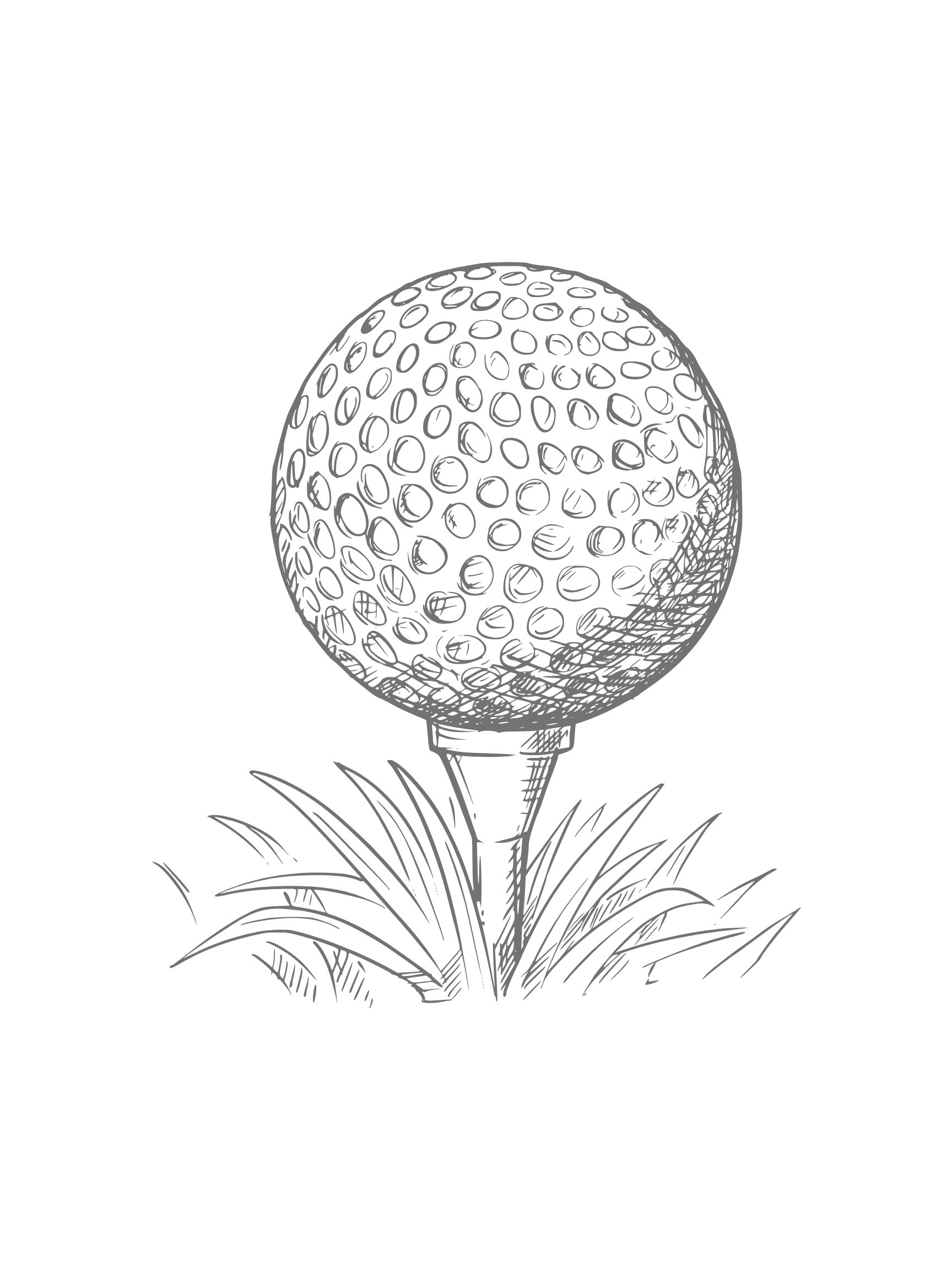 Line drawing of a golf ball on a tee surrounded by grass.