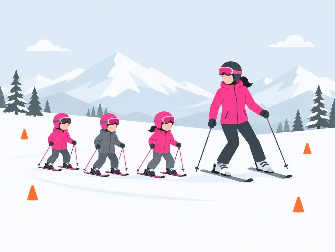 Illustration: Skilehrerin mit Kindern beim Skikurs
