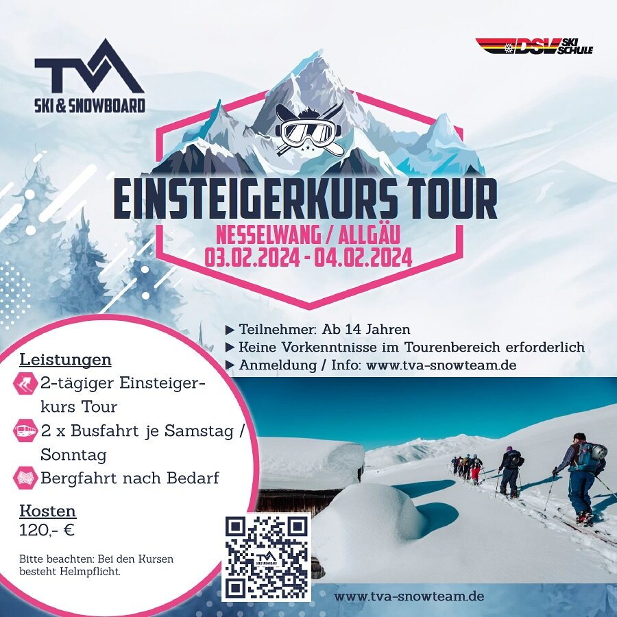 Du wolltest schon immer mit dem Tourengehen anfangen und du hast Bock auf die besten Powderabfahrten? ❄️⛷️

Bei unserem Touren-Kurs lernt ihr die Grundlagen zu Ausr&uuml;stung, Technik und Lawinenkunde.

Melde dich jetzt unter www.tva-snoteam.de zu u