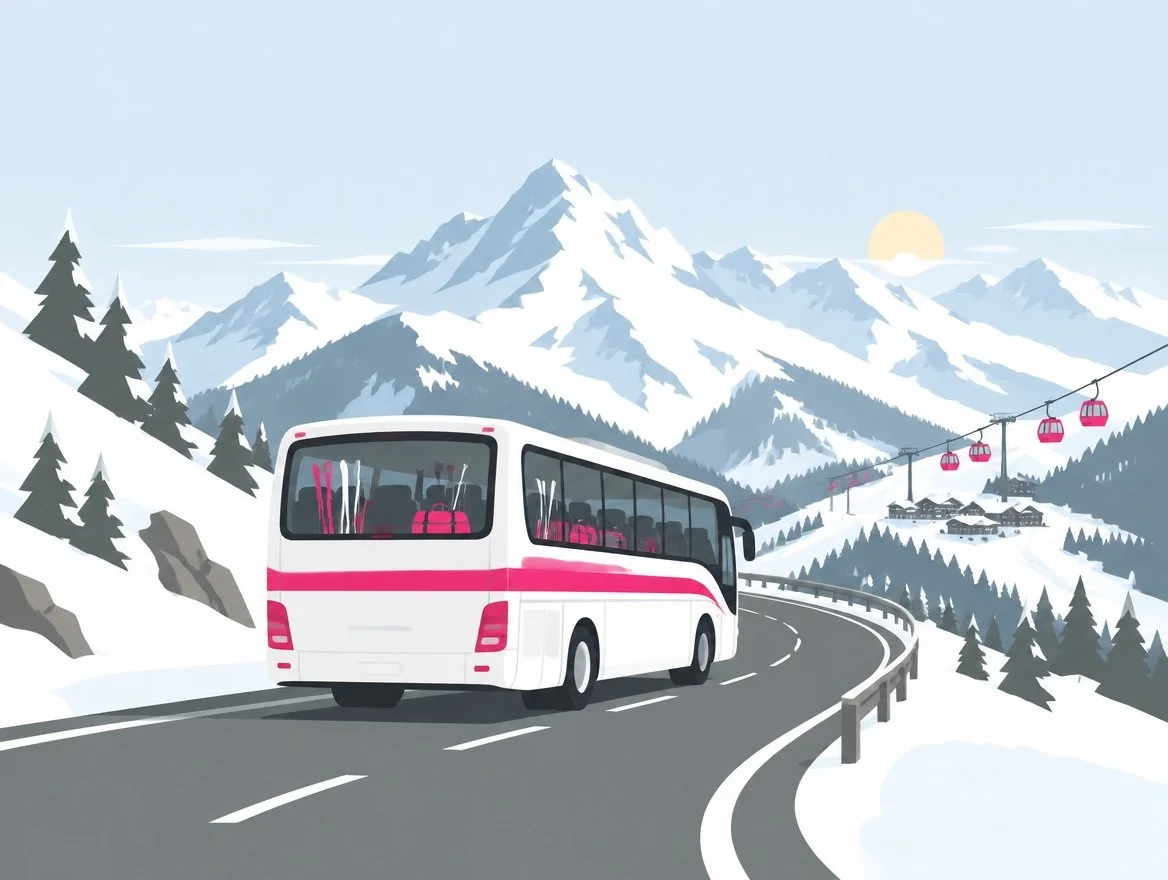 Illustration: Reisebus auf dem Weg ins Skigebiet