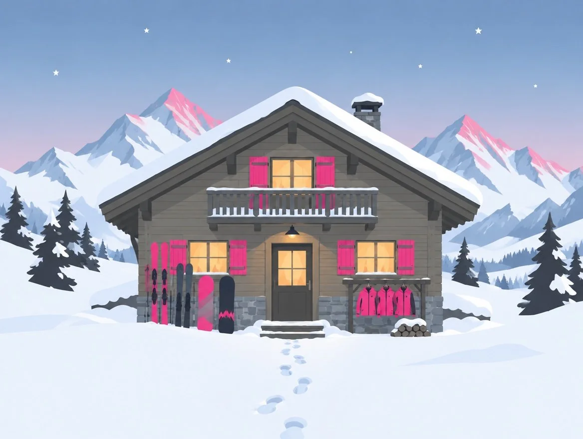 Illustration: Berghütte im Schnee für mehrtägige Skifahrten