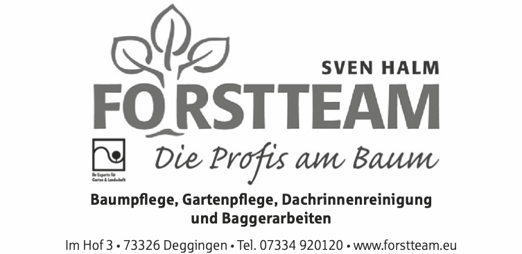 Logo mit Baum-Symbol, Text "FORSTEAM", Inhaber Sven Halm, Dienstleistungen für Baumpflege und Gartenpflege, Adresse, Telefonnummer und Webseite.