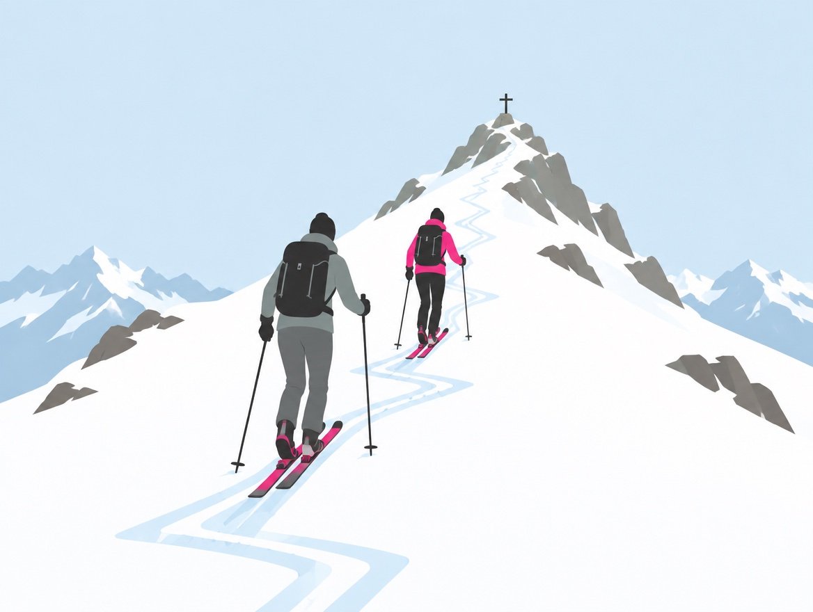 Illustration: Zwei Skitourengeher auf dem Weg zum Gipfelkreuz