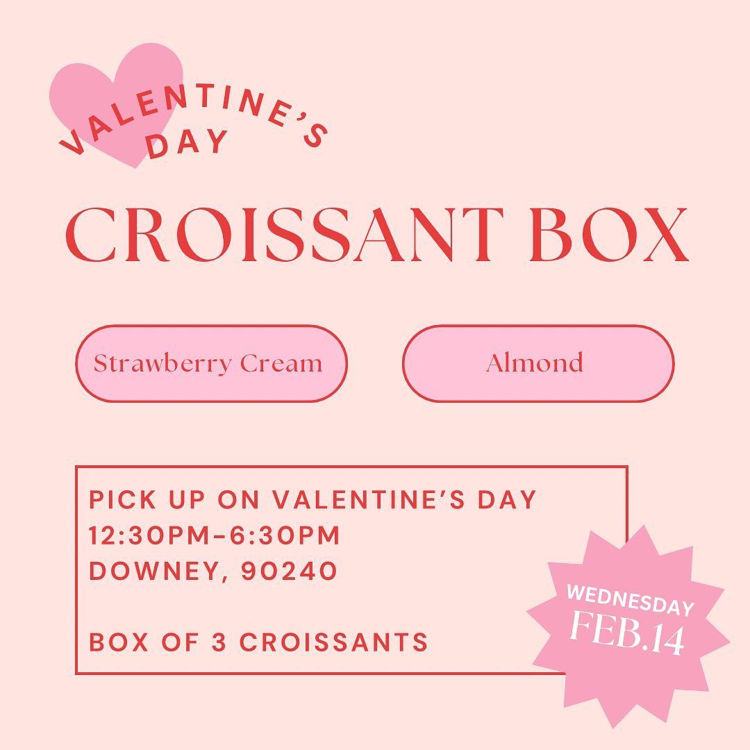 Treat yourself, family, friends, or a special person with a box of three croissants.💘 
Choose your own assortment of flavors from almond or strawberry! 
🍓The strawberry cream croissant is filled with a homemade strawberry pastry cream and dusted wi