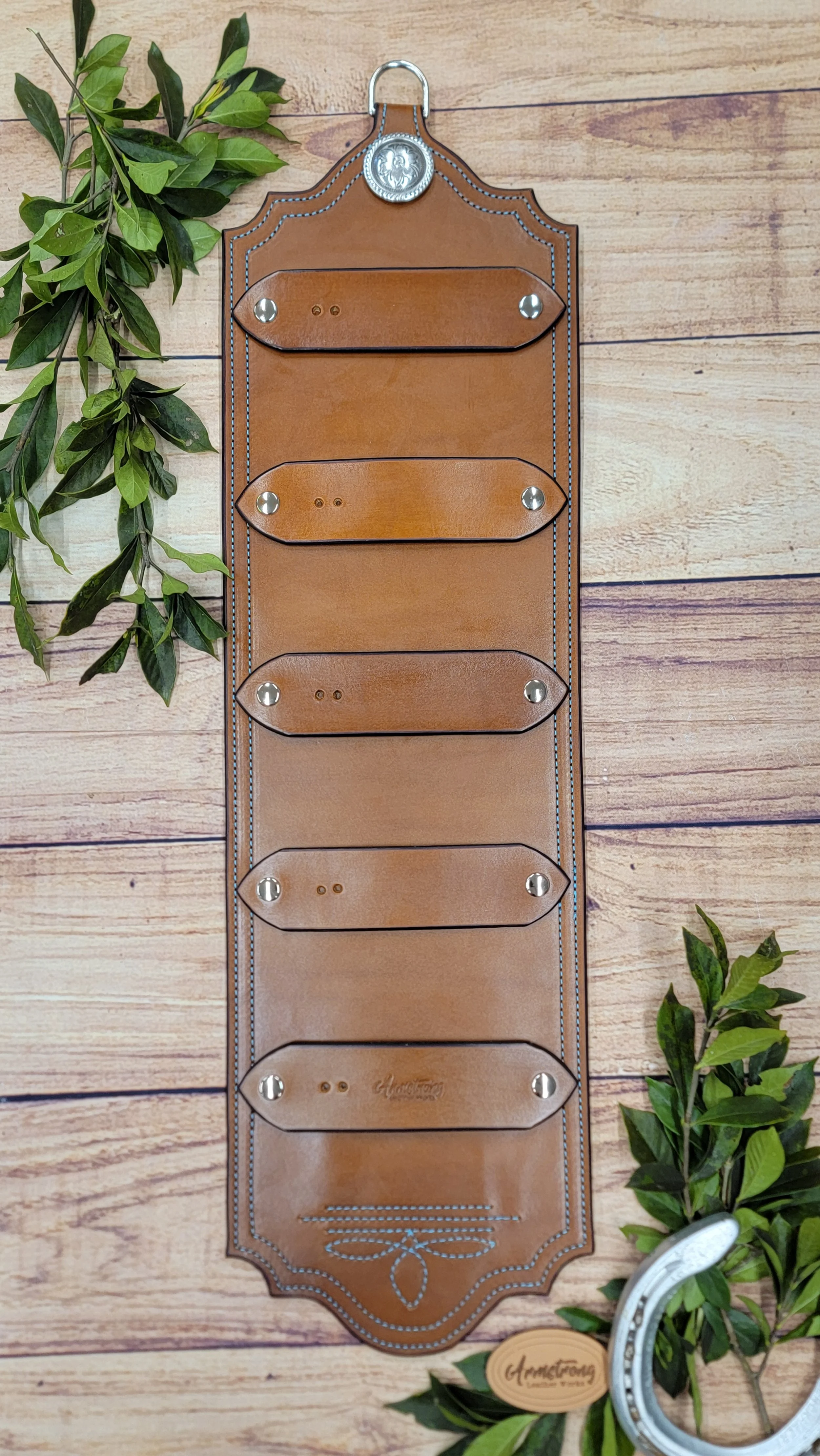 Five Buckle Brown: Turquoise Stitching