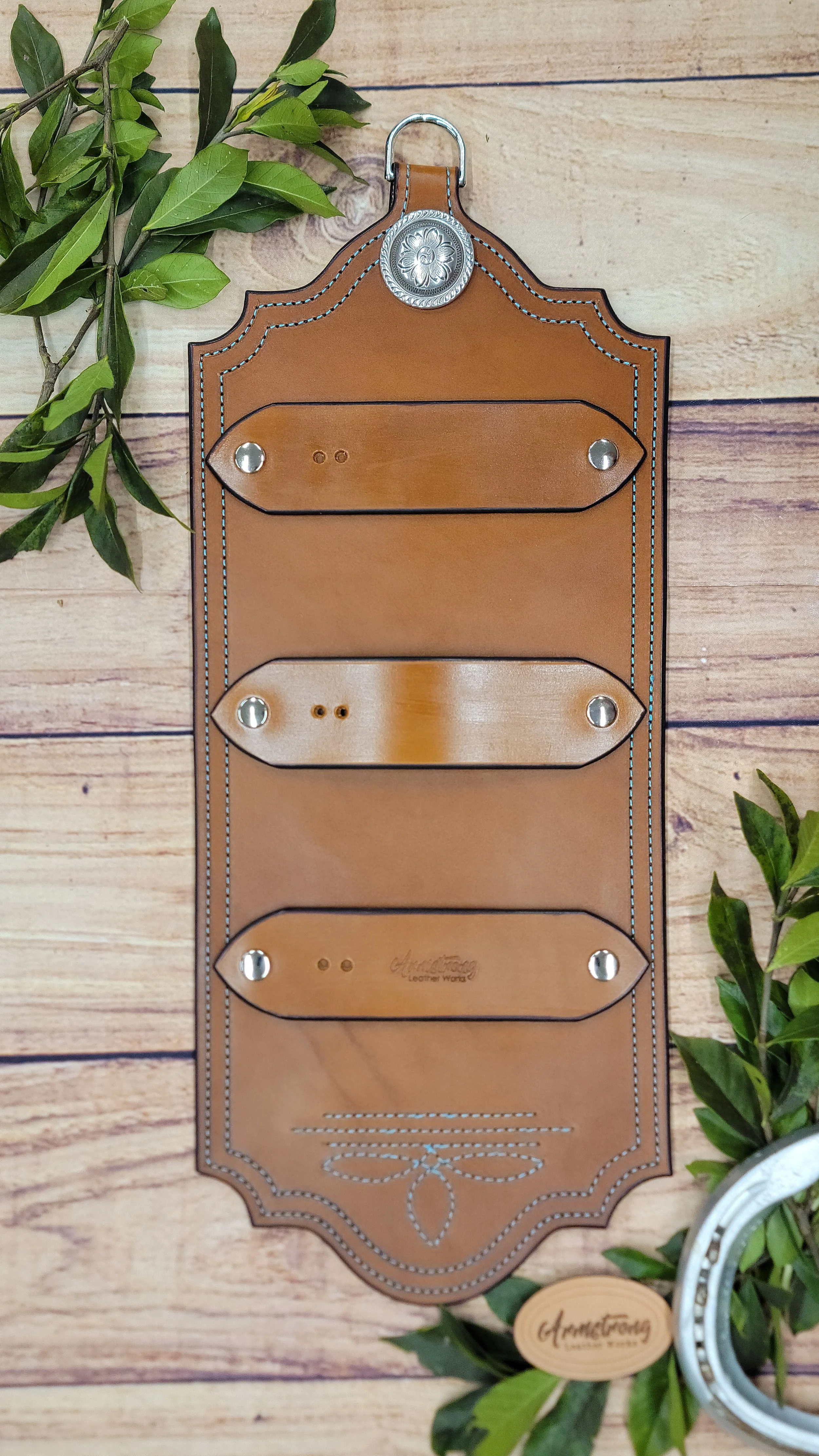 Three Buckle Brown: Turquoise Stitching