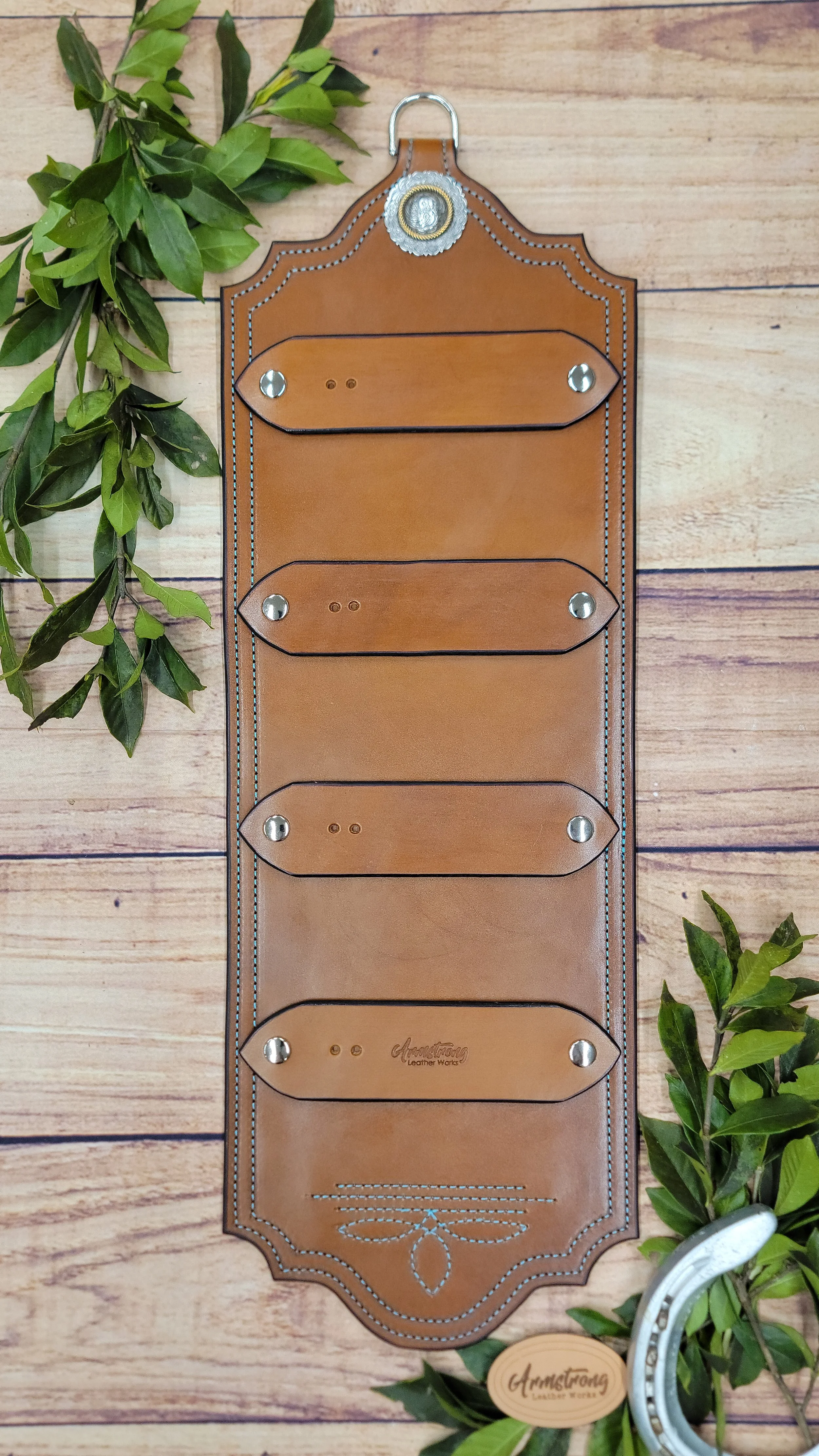 Four Buckle Brown: Turquoise Stitching