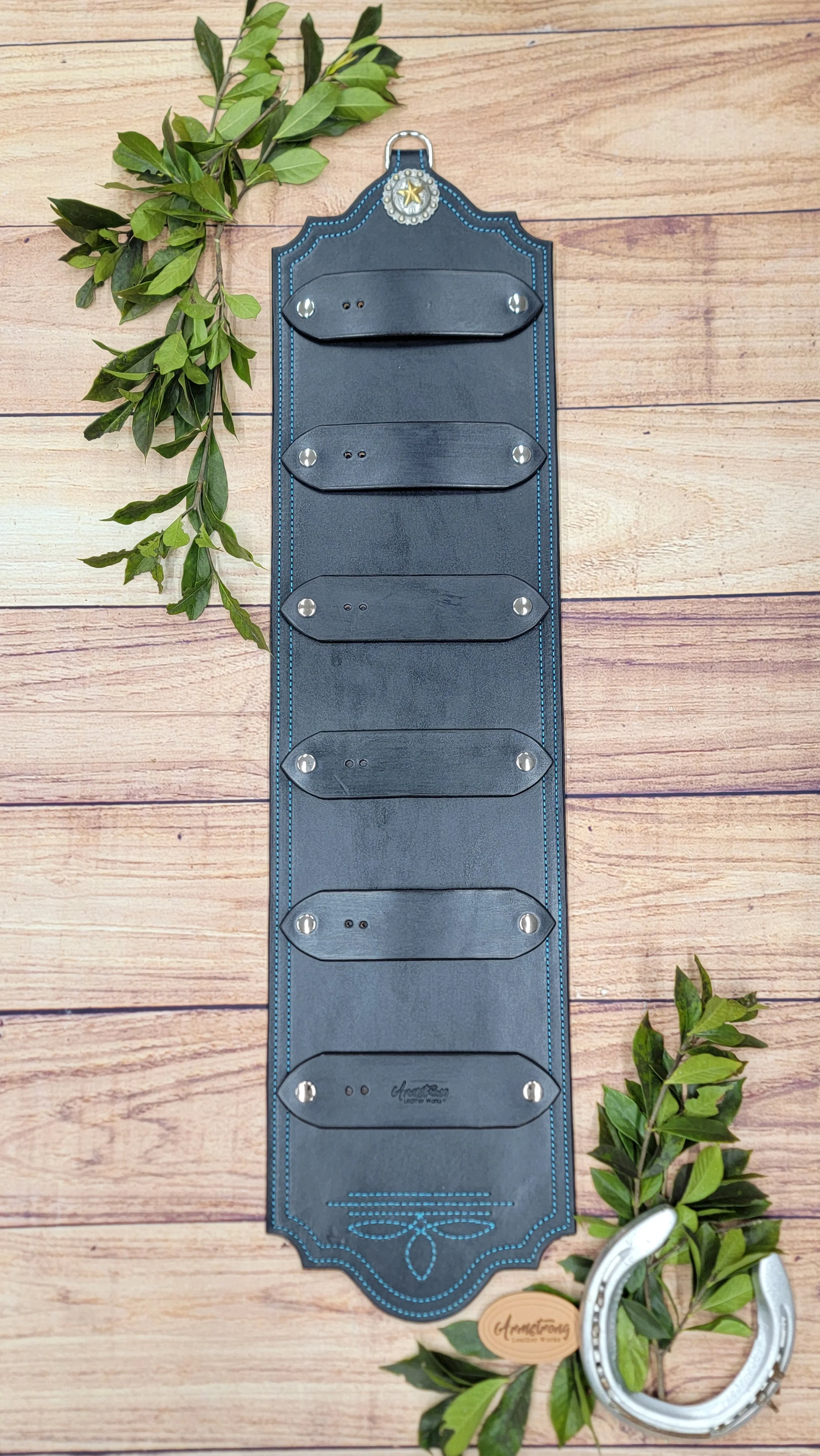 Six Buckle Black: Turquoise Stitching