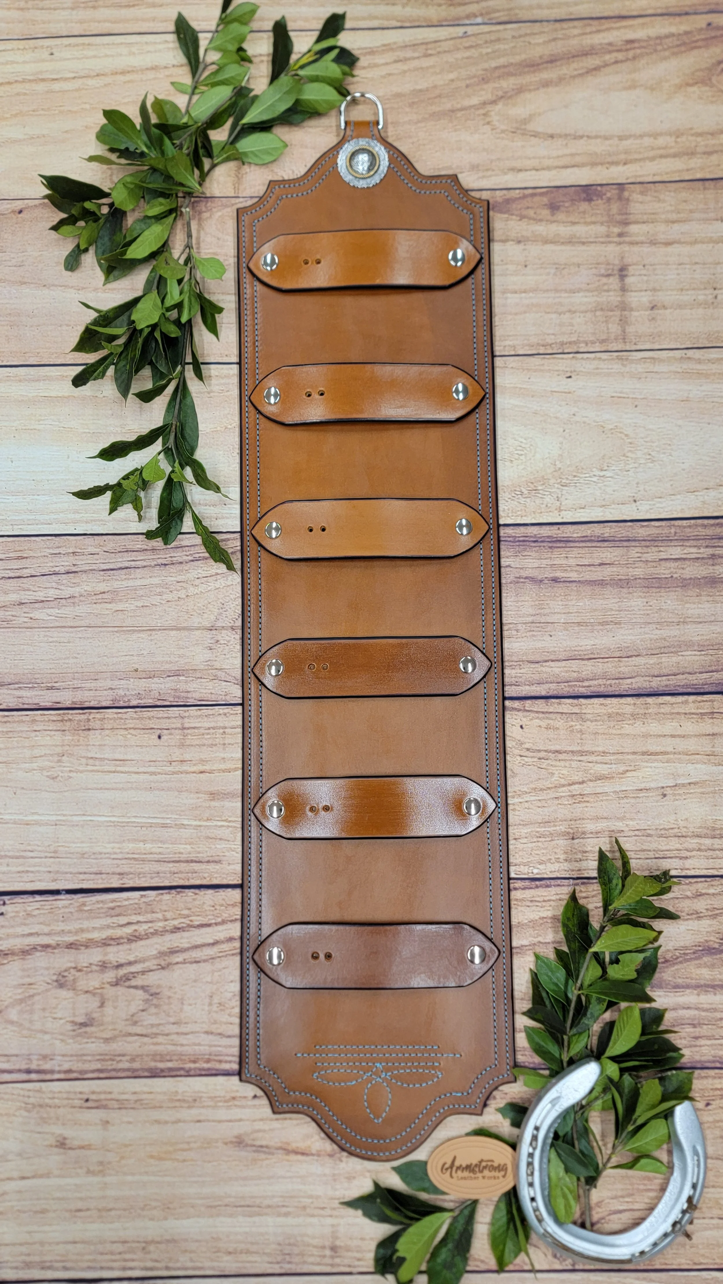 Six Buckle Brown: Turquoise Stitching