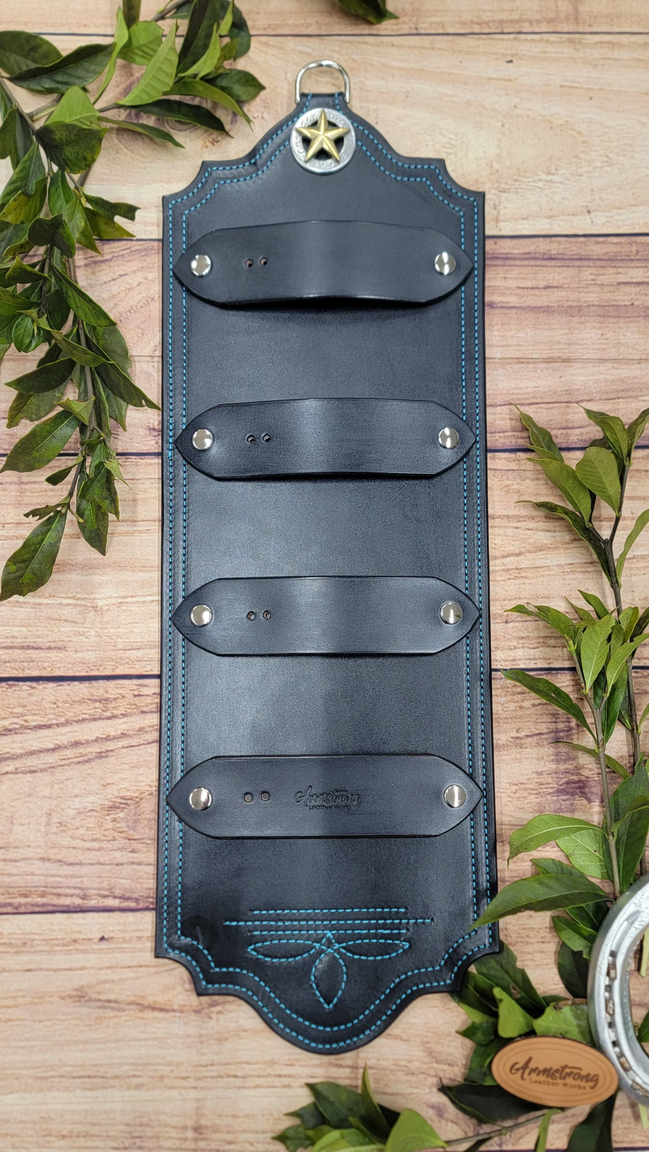 Four Buckle Black: Turquoise Stitching