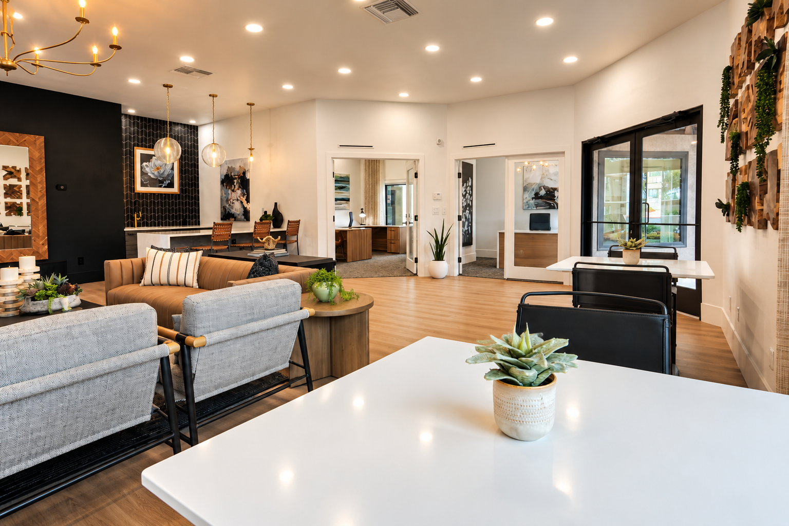 Modern Lounge with Brass Accents and Greenery.png