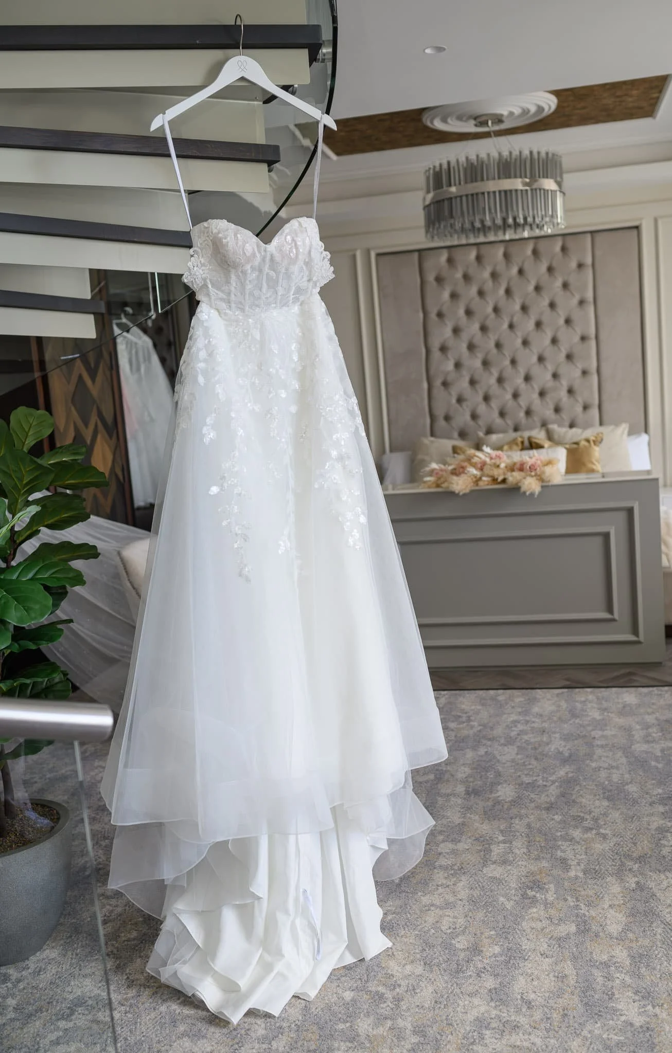 Wedding dress hanging in bridal suite at Brisbane House Hotel in Largs.