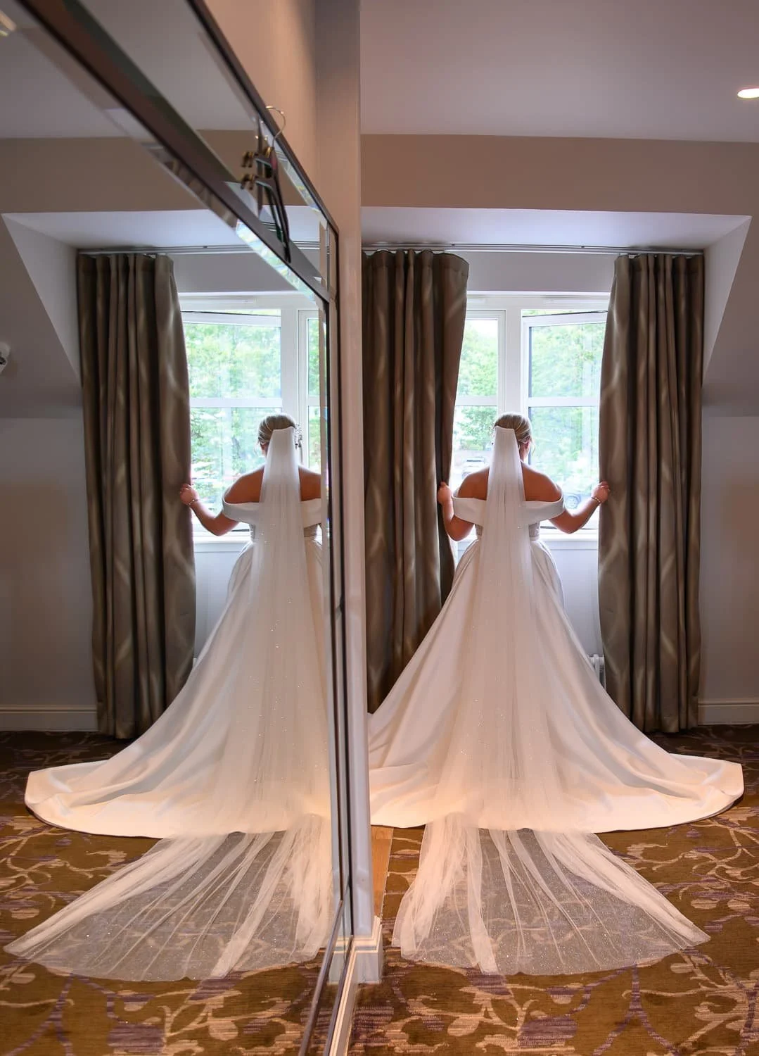 Bride during morning preparations at Seamill Hydro Hotel, reflected in a mirror before the ceremony