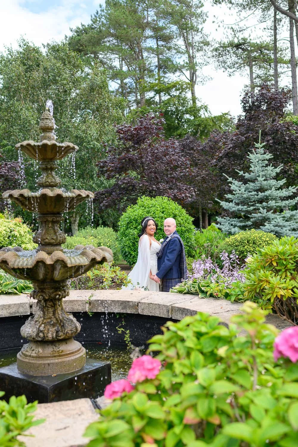 Romantic portrait at Lochgreen House Hotel fountain in Troon Ayrshire