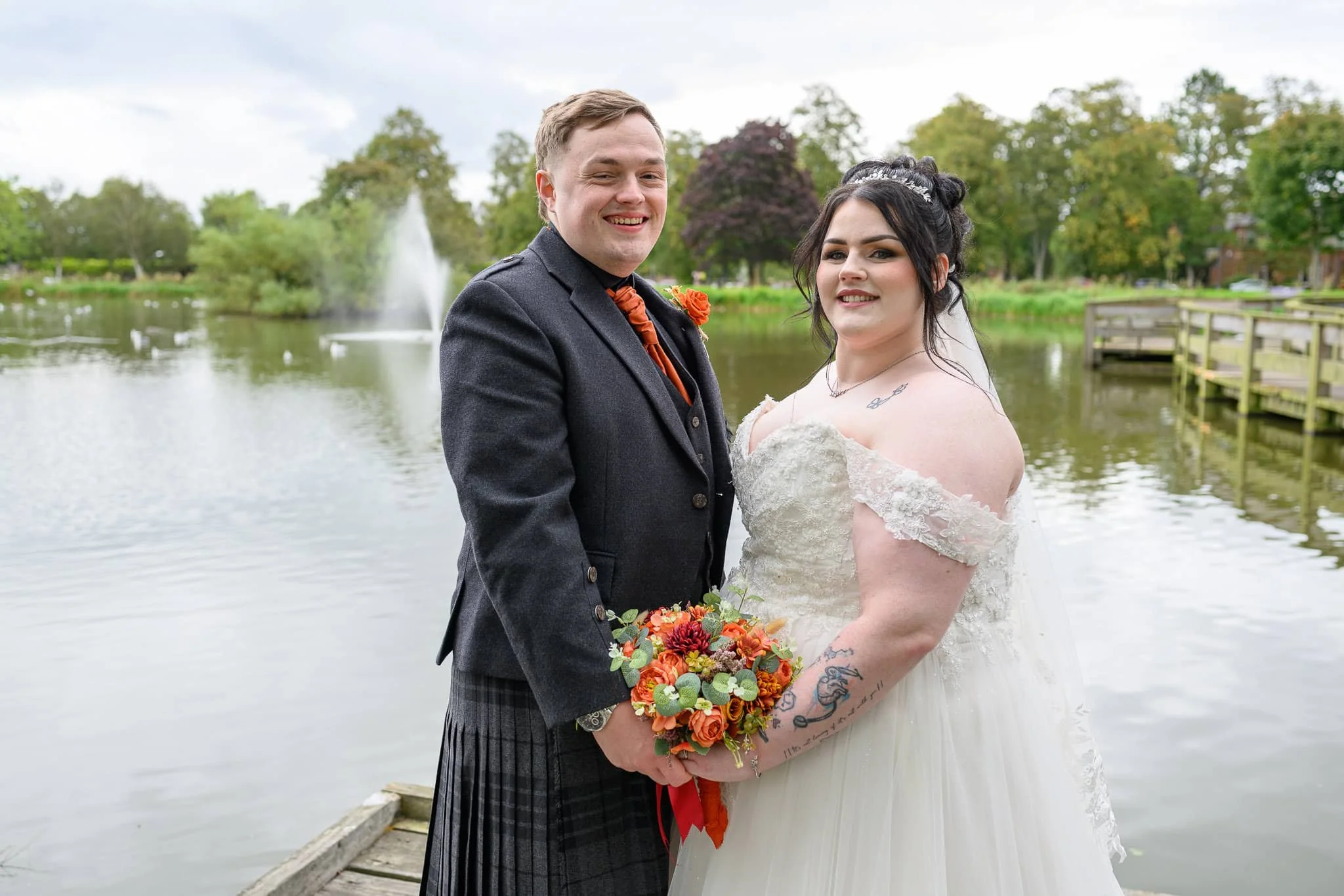 ride and groom portrait at Burns Monument wedding in Kilmarnock Ayrshire by the water