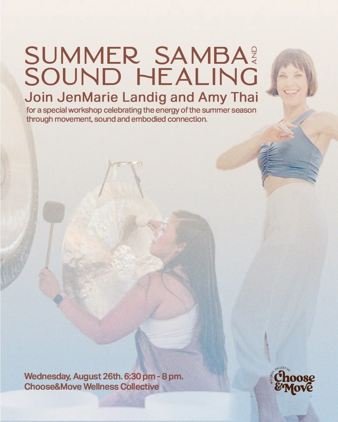 Summer Samba + Sound Healing🌞

Join Amy Thai and me for a special workshop celebrating the energy of late summer through movement, sound, and embodied connection.

Together, we&rsquo;ll energize, reconnect, and soften into the fullness of the season