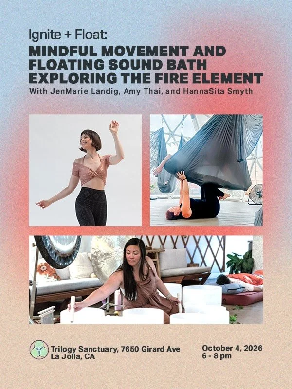 IGNITE + FLOAT 

On October 4, I&rsquo;m joining two amazing women&mdash;Amy Thai + HannaSita Smyth&mdash;for an evening of mindful movement, somatic touch, meditation, and a floating sound bath in the aerial hammocks.

Amy and I have been journeying