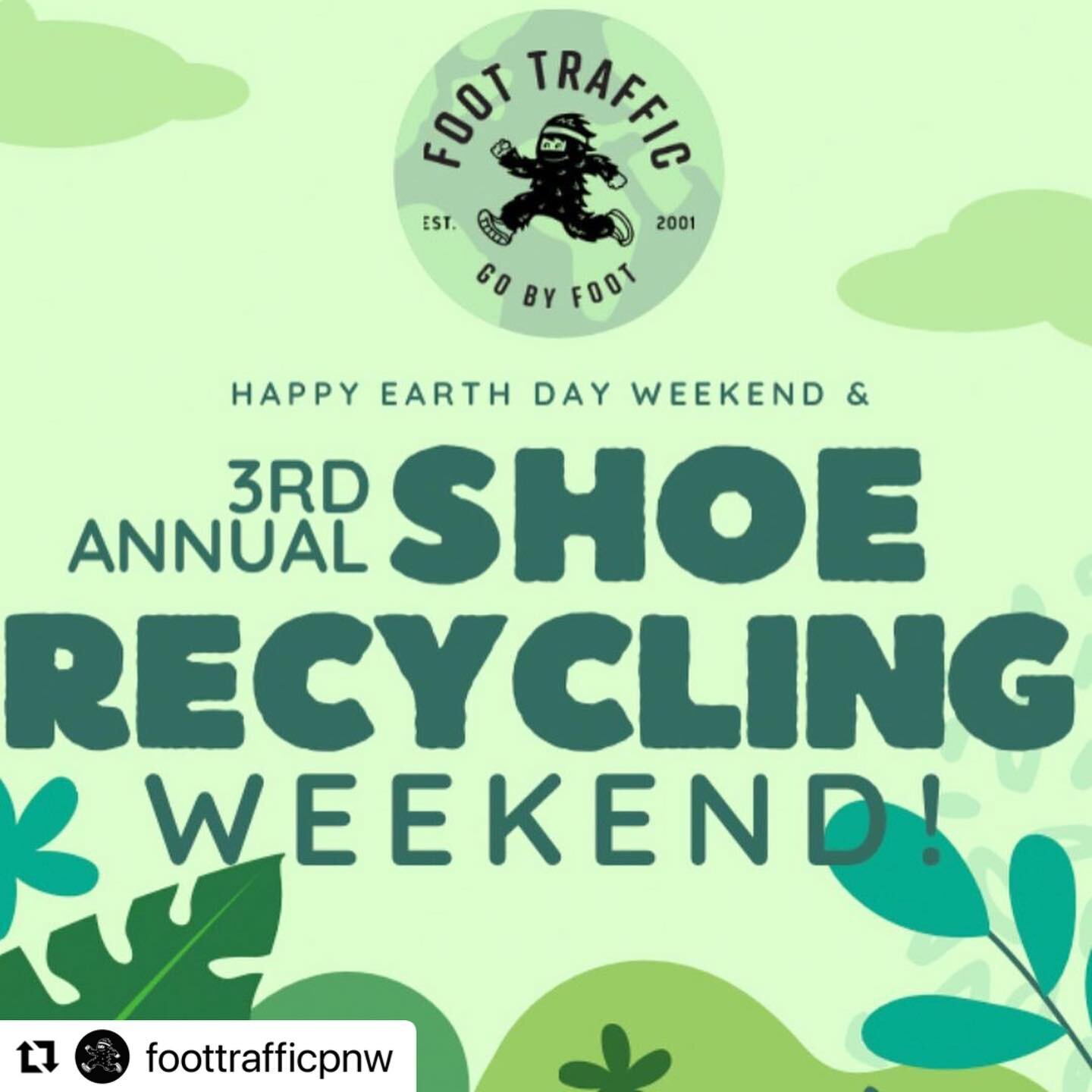 #Repost @foottrafficpnw with @use.repost
・・・
How are you celebrating Earth Day this Saturday?

We are celebrating EARTH DAY by hosting our THIRD ANNUAL SHOE RECYCLE event at all our locations this weekend, Saturday April 22rd &amp; Sunday April 23rd!