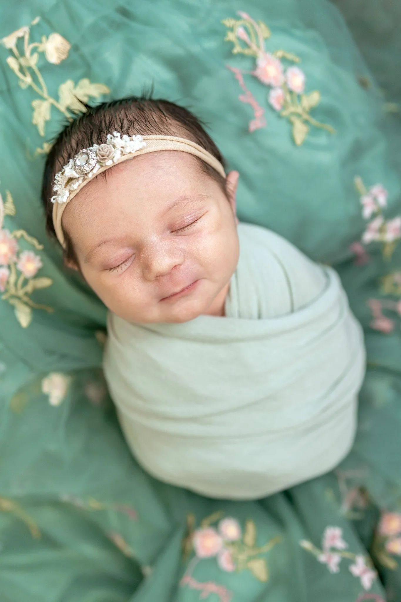A sleeping baby girl swaddled in beige lying in a woven basket held by soft white fabric, surrounded by tall brown grass landscape. Photo by Feinauer Photography in Bay City, Michigan.