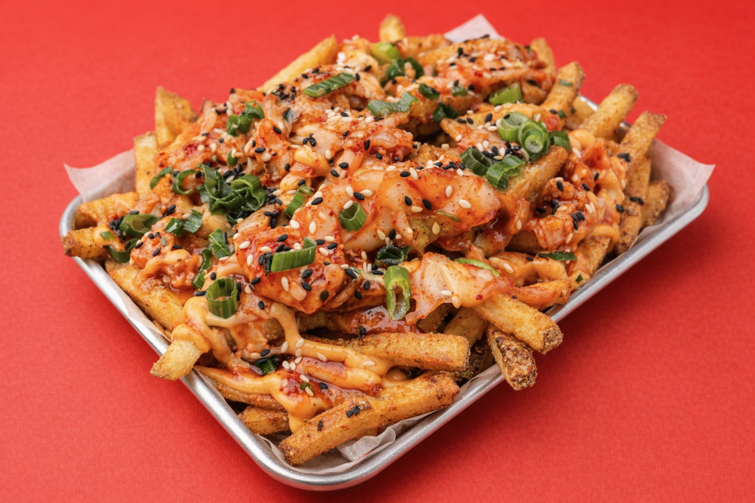 French fries topped with spicy chicken, kimchi, green onions, sesame seeds, and sauce garnishes on a metal tray lined with paper, on a red background.