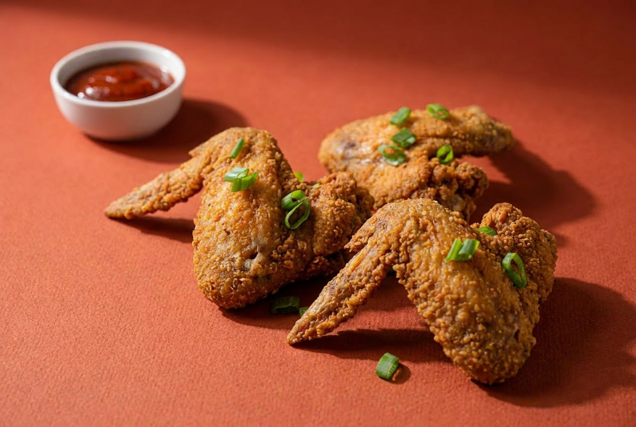 Three pieces of crispy fried chicken wings garnished with chopped green onions, with a small bowl of red dipping sauce on an orange surface.
