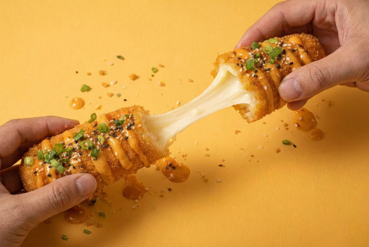 Two hands pulling apart a cheesy, fried mozzarella stick topped with sauce, chopped green onions, and sesame seeds, with cheese pulling out between the pieces on a yellow background.