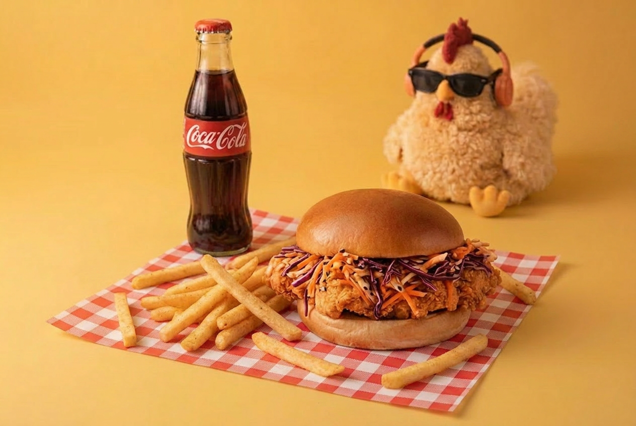 A fried chicken sandwich with coleslaw in a bun, a side of French fries, a glass bottle of Coca-Cola, and a plush toy chicken wearing sunglasses and headphones on a yellow background.