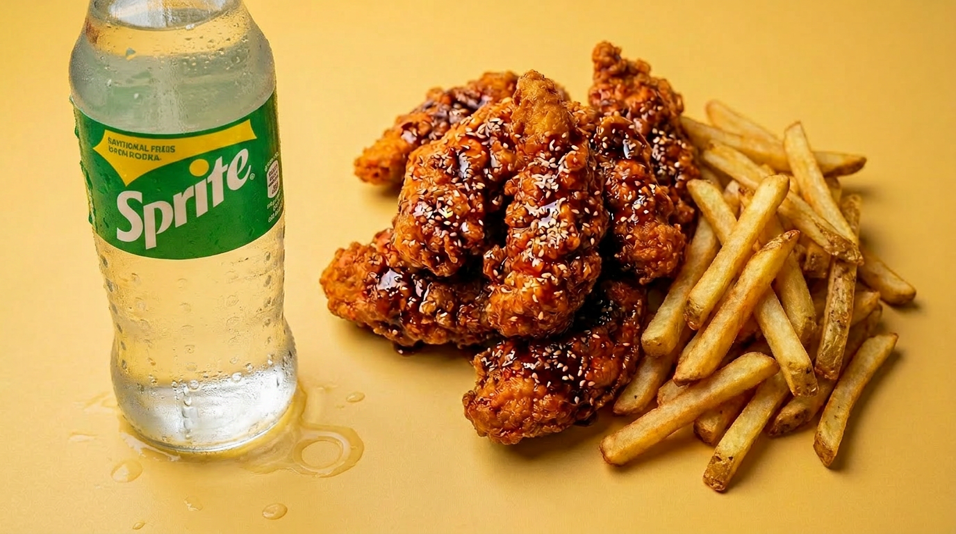 Fried chicken wings topped with sesame seeds, a side of French fries, and a bottle of Sprite soda on a yellow background.