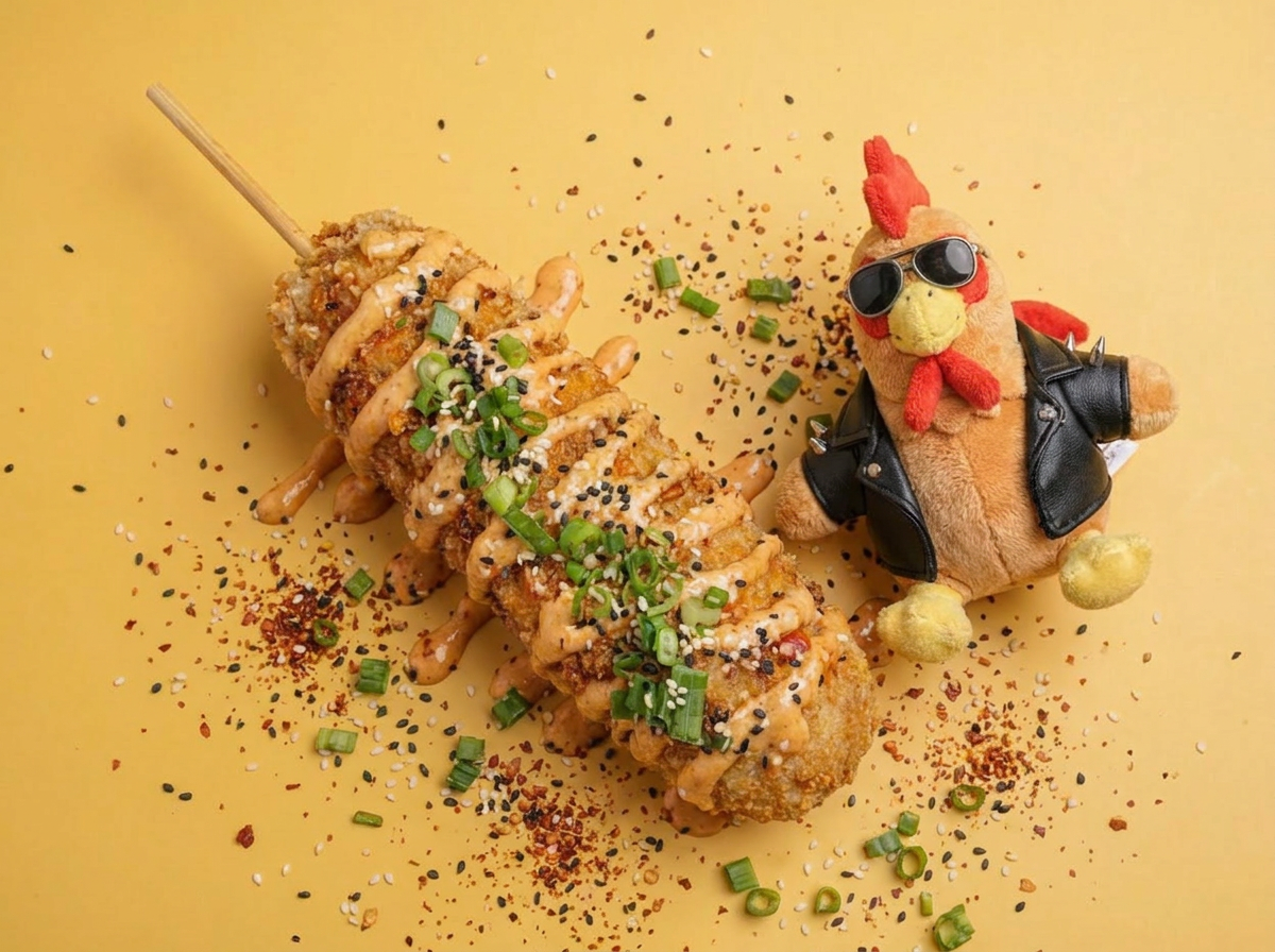 Sushi roll with sauce, chopped green onions, and sesame seeds, with a plush chicken toy wearing sunglasses and a leather jacket beside it, on a yellow background.