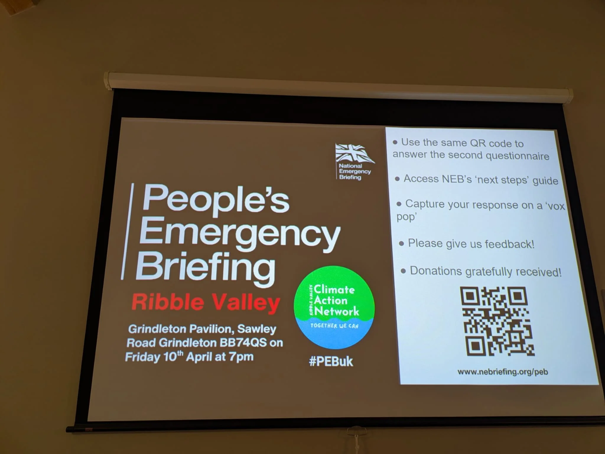 Slide for a people's emergency briefing in Ribble Valley, held at the Grindleton Pavilion, Sawley Road, on Friday, April 10th at 7 pm. It includes a QR code for feedback and donations, with logos for the National Emergency Briefing and Climate Action Network.