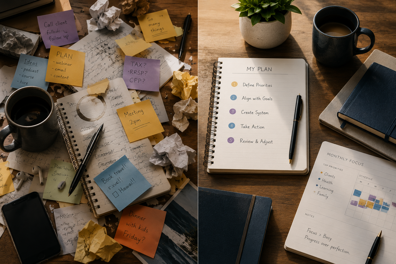a picture showing chaos and then clarity booked and notes organized