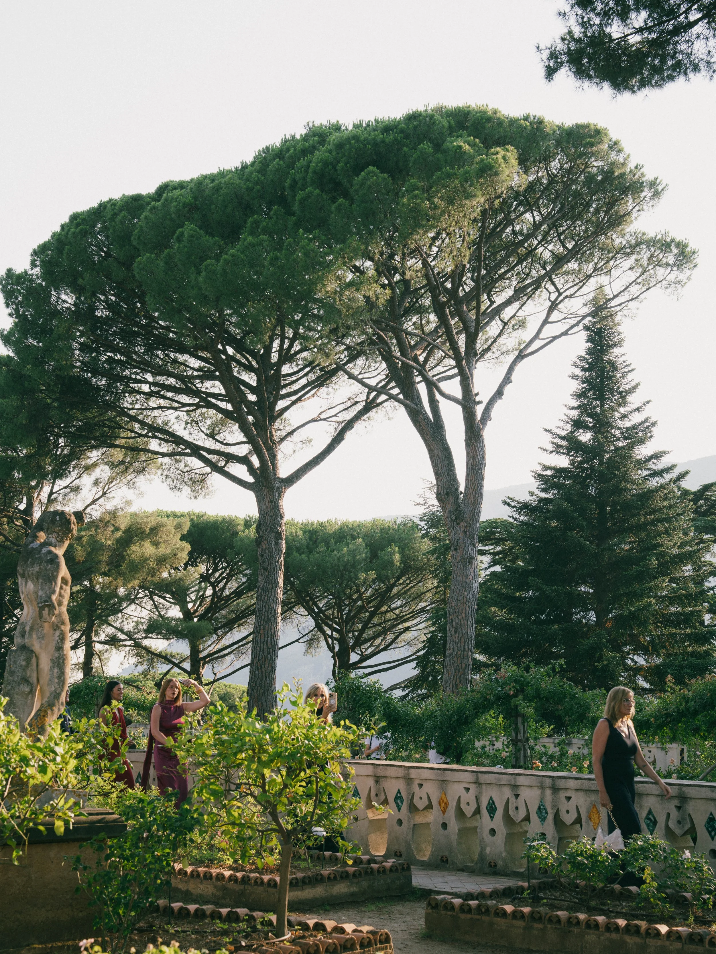 People walking and standing in a lush garden with large trees and decorative stone balustrades, during daytime.