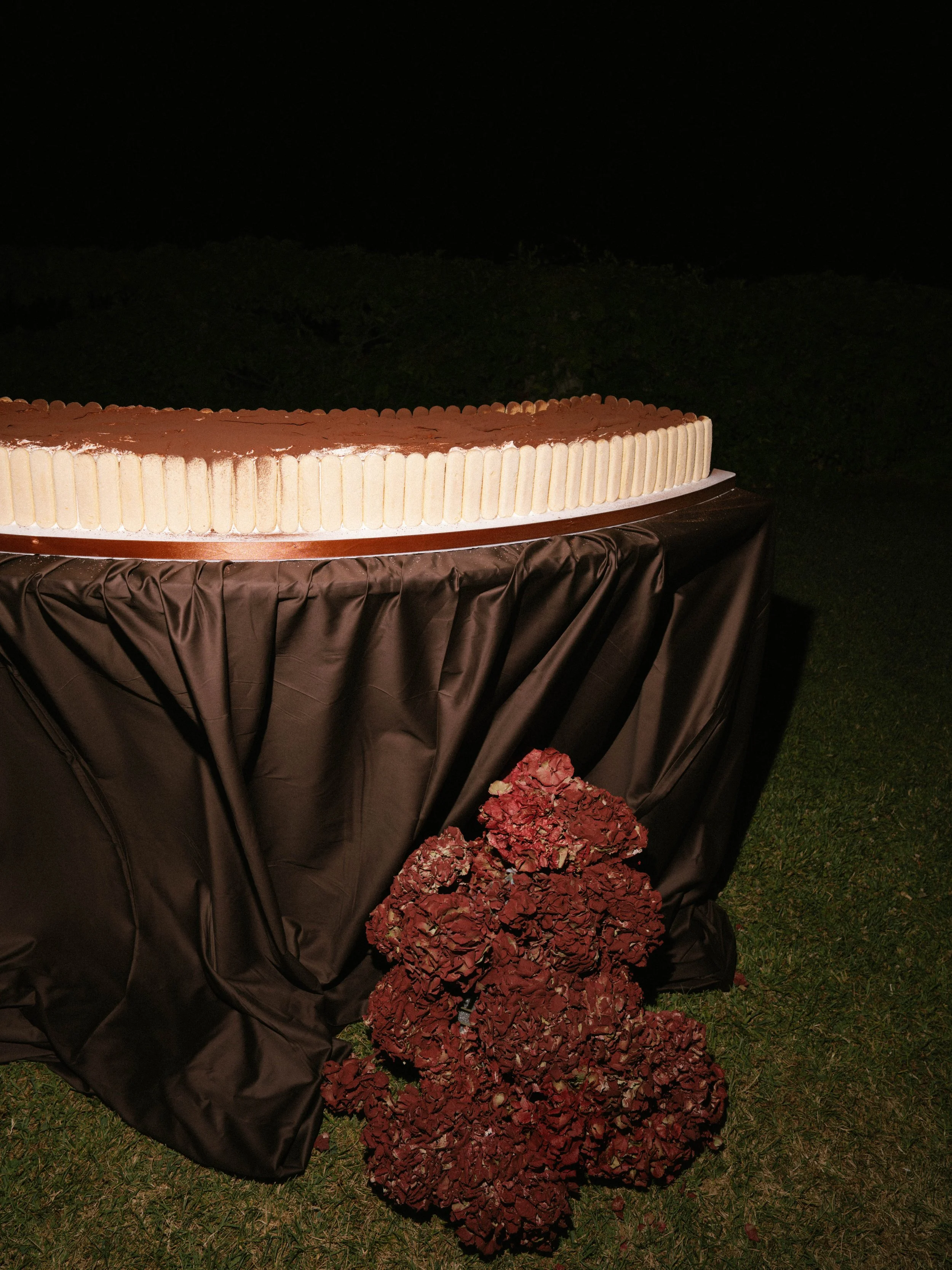 A large round cake with a chocolate frosting and a decorative border, placed on a table covered with a black cloth, outdoors at night.