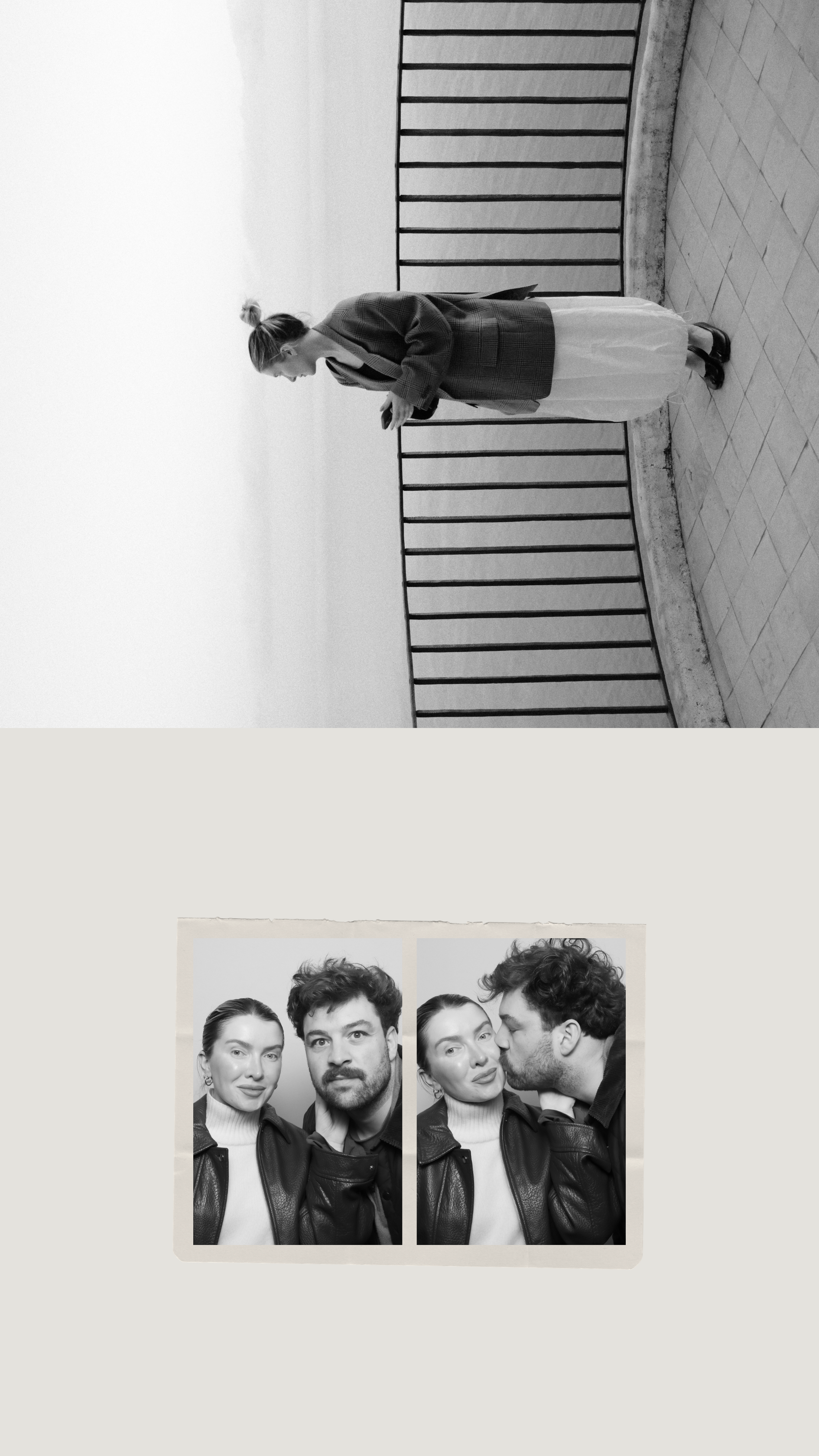 A woman standing on a balcony looking at the horizon, wearing a coat and skirt, with a railing behind her. Below, a photo strip with two black-and-white pictures shows a woman and a man, with the man kissing the woman's cheek.