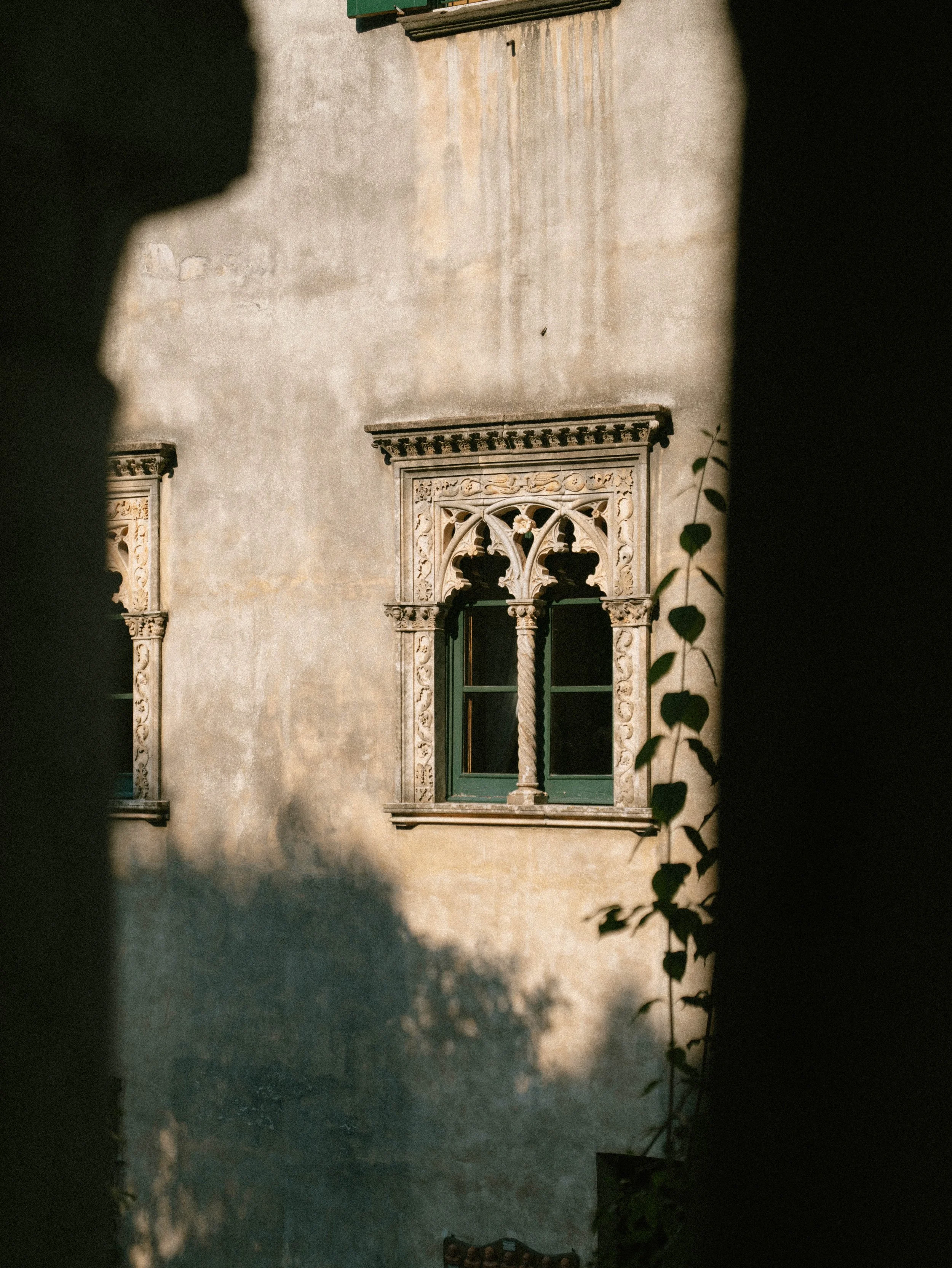 A building wall features a decorative window with ornate stonework. The picture is taken through a gap with leaves and shadows partially surrounding it, and a sunset or sunrise sky is visible in the background.
