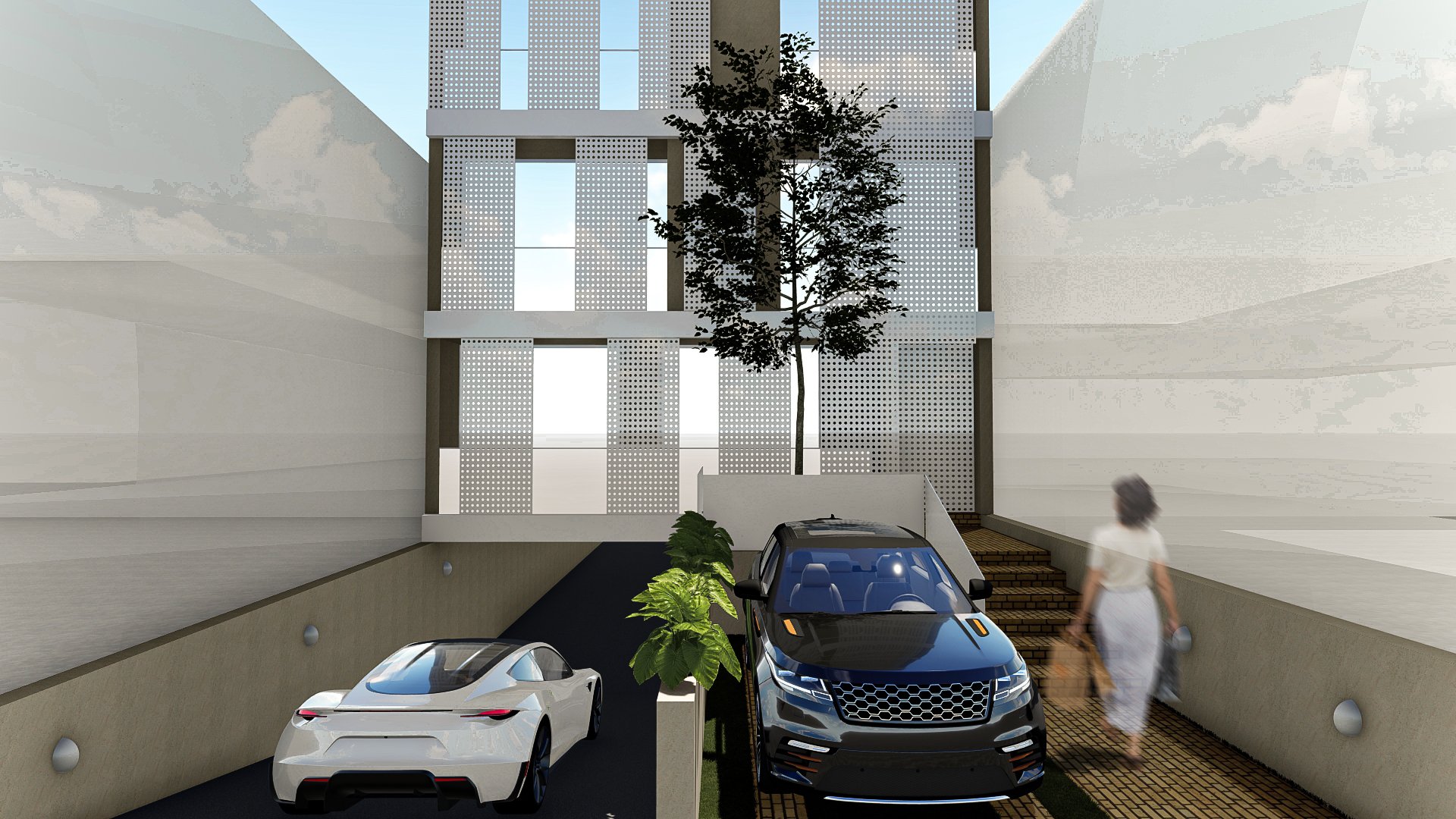 Diseño arquitectónico de entrada con dos autos, un árbol y persona caminando por un camino empedrado, frente a un edificio moderno.