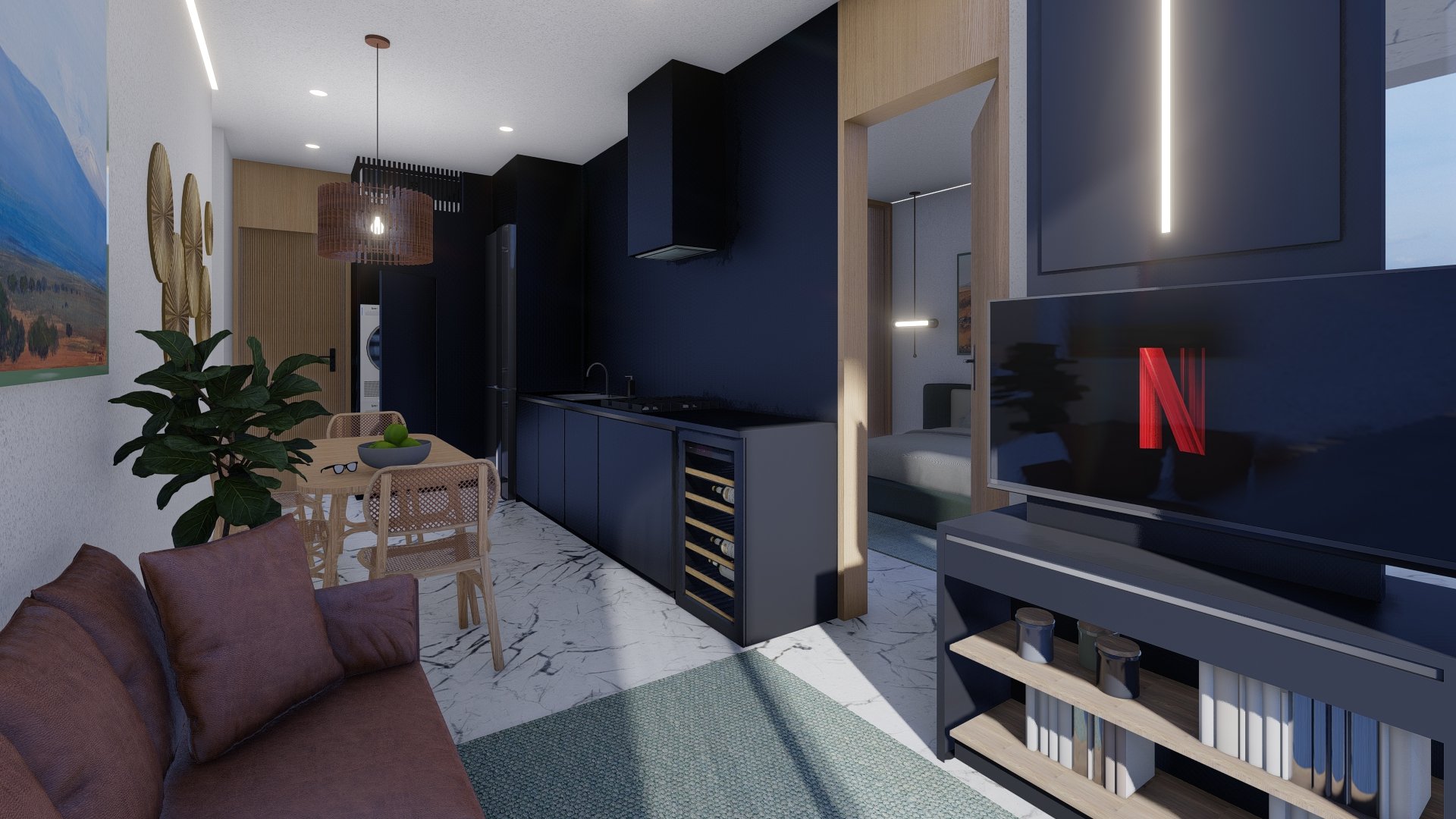 Diseño de interior moderno con sala, cocina y comedor integrados. Sofá marrón, mesa de comedor de madera con sillas, planta decorativa y pared con obras de arte. Cocina con gabinetes oscuros y televisor con logo rojo. Dormitorio visible en el fondo.