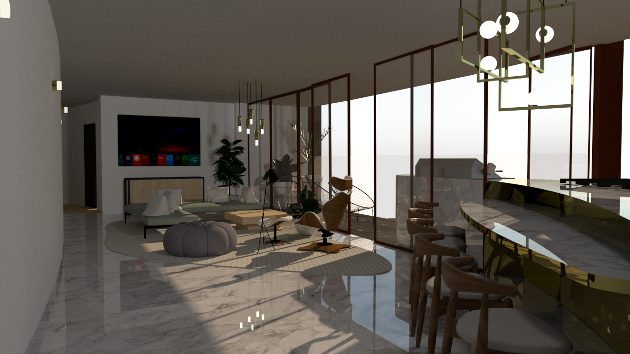 Sala moderna con decoración contemporánea, sofás, mesa de centro, televisor, ventanas grandes, piso de mármol, lámparas colgantes y barra con taburetes.