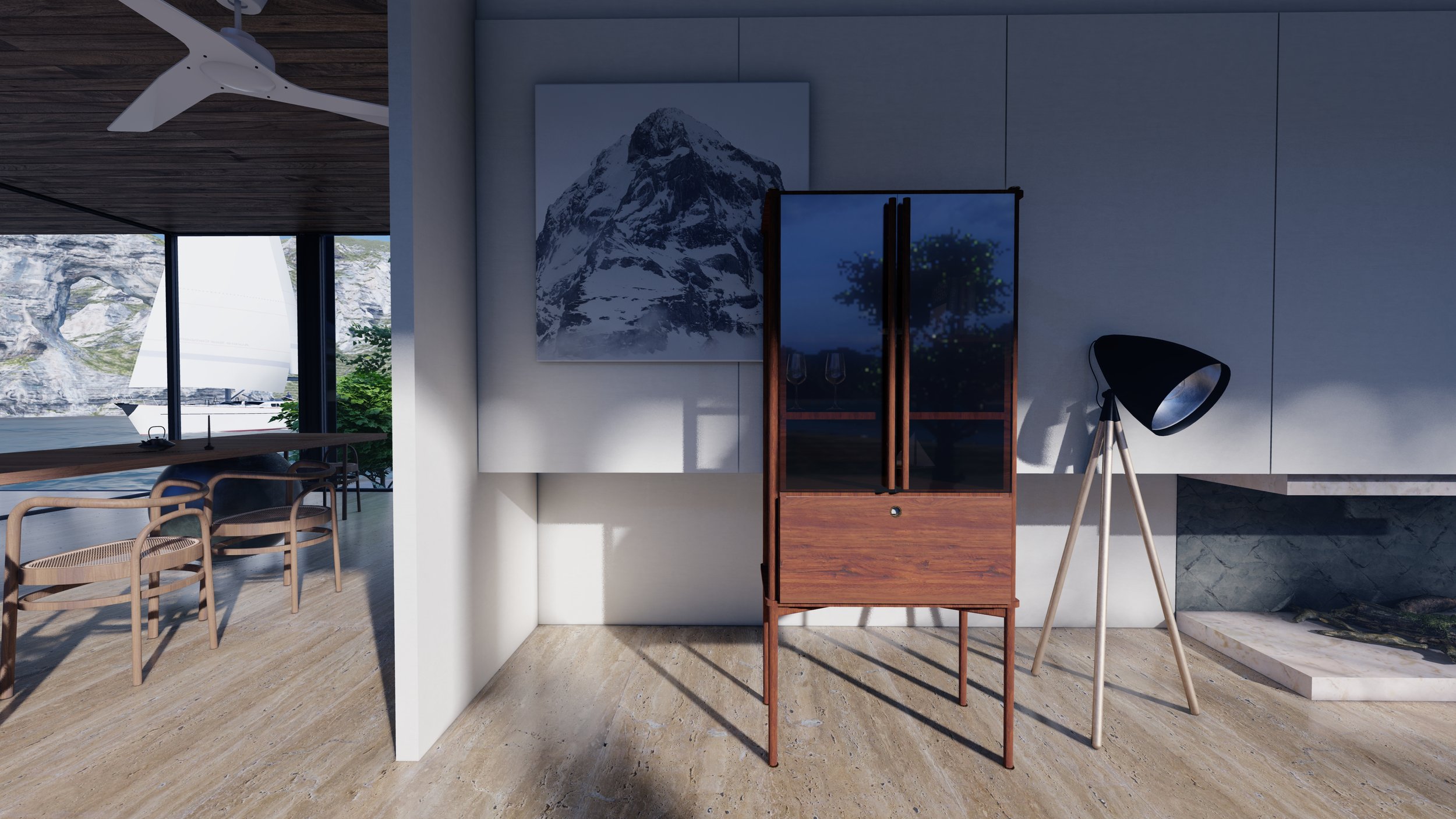 Sala moderna con muebles minimalistas, un cuadro de montaña, ventilador de techo, lámpara de pie, y vista al exterior con paisaje natural.