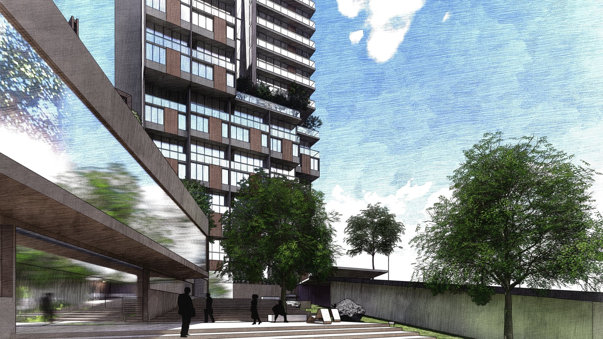 Render de un edificio moderno con estructura arquitectónica compleja, ventanales grandes y balcones. Se observa un área exterior con árboles, césped y personas caminando. El cielo está parcialmente nublado.
