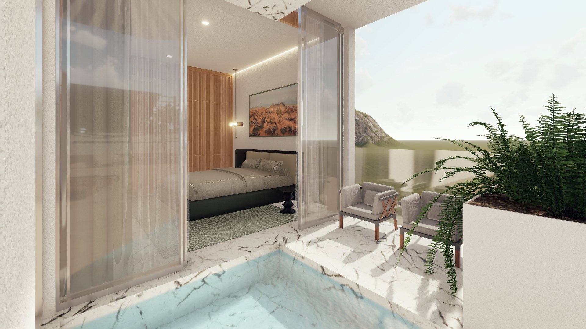 Habitación moderna con una cama, decoración elegante, puertas corredizas de vidrio, piscina pequeña, y plantas verdes en una terraza con vistas al fondo.
