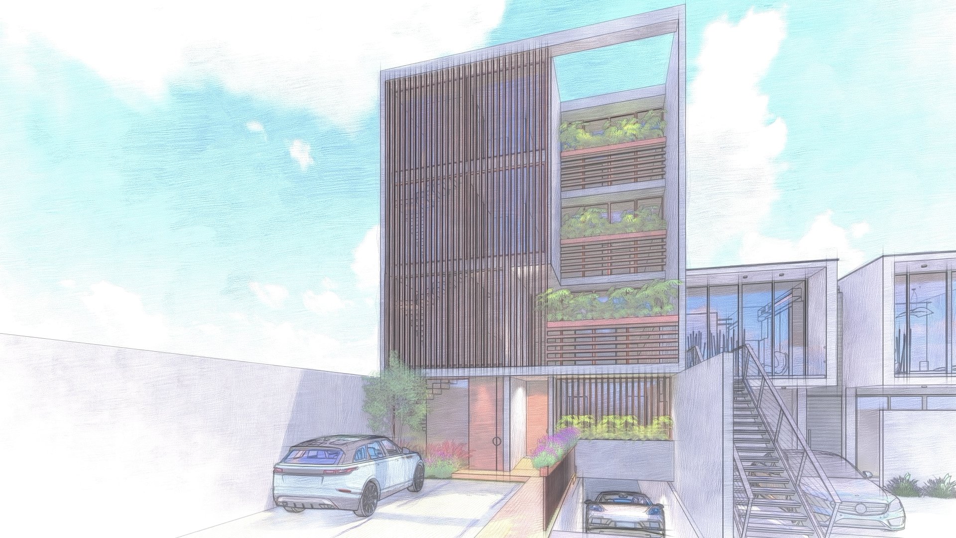 Ilustración de un edificio moderno con varios pisos y áreas verdes en el exterior. Hay un automóvil estacionado en un camino de entrada. El cielo está despejado con algunas nubes.