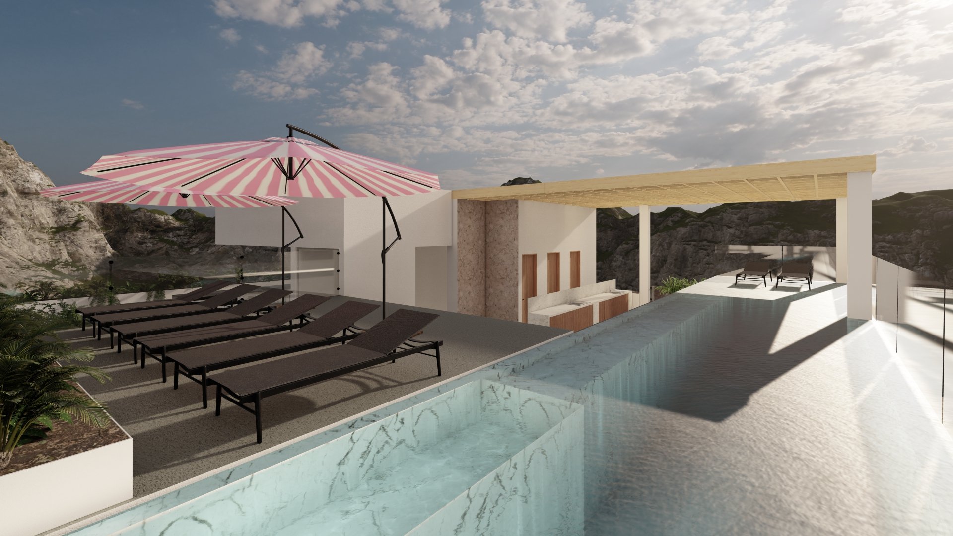 Terraza con piscina infinita, tumbonas, sombrilla rayada rosa y blanca, plantas, bajo un cielo parcialmente nublado.