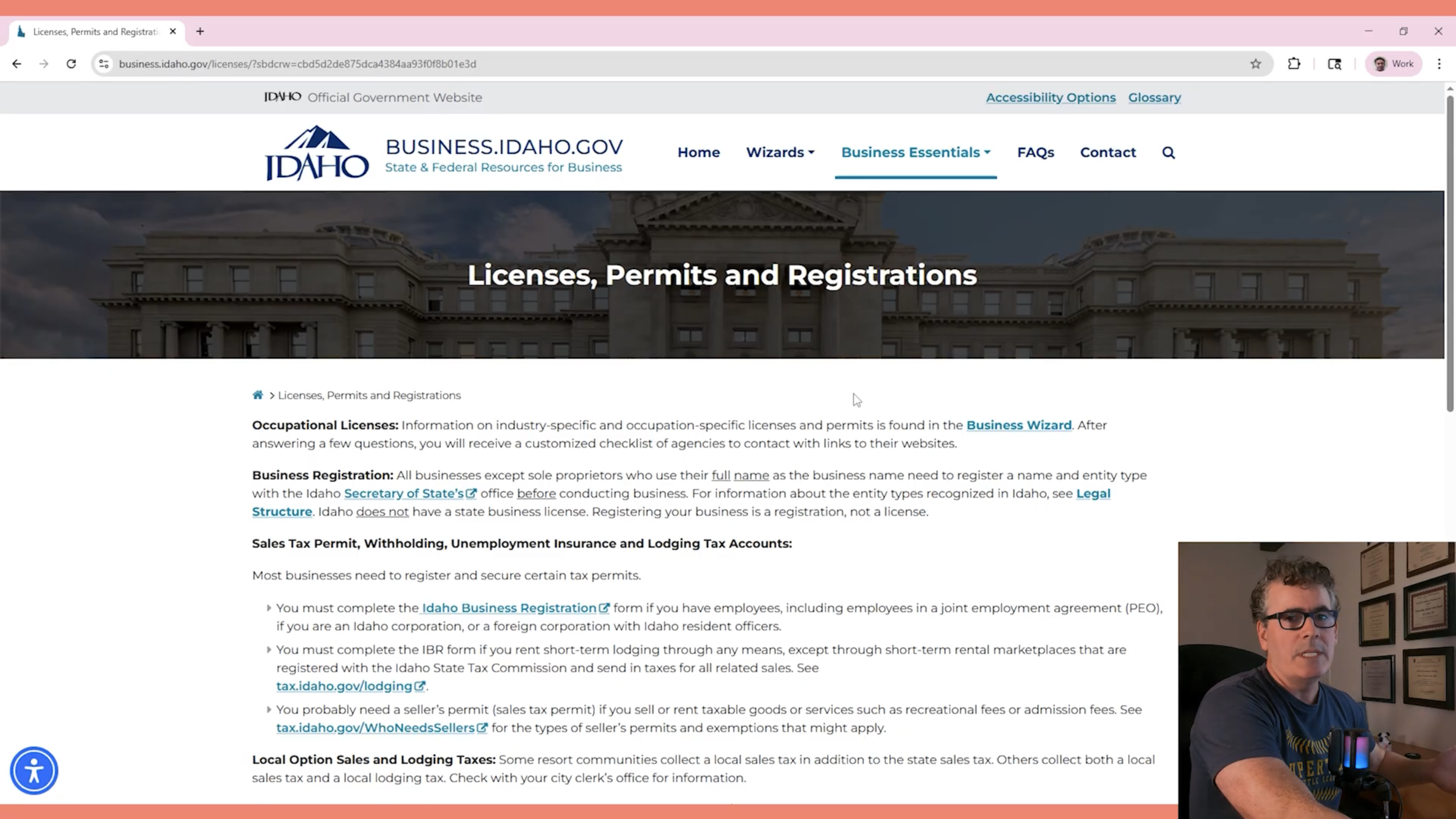 A screenshot from the course showing Tom Tarshis reading the license requirements for the state of Idaho.
