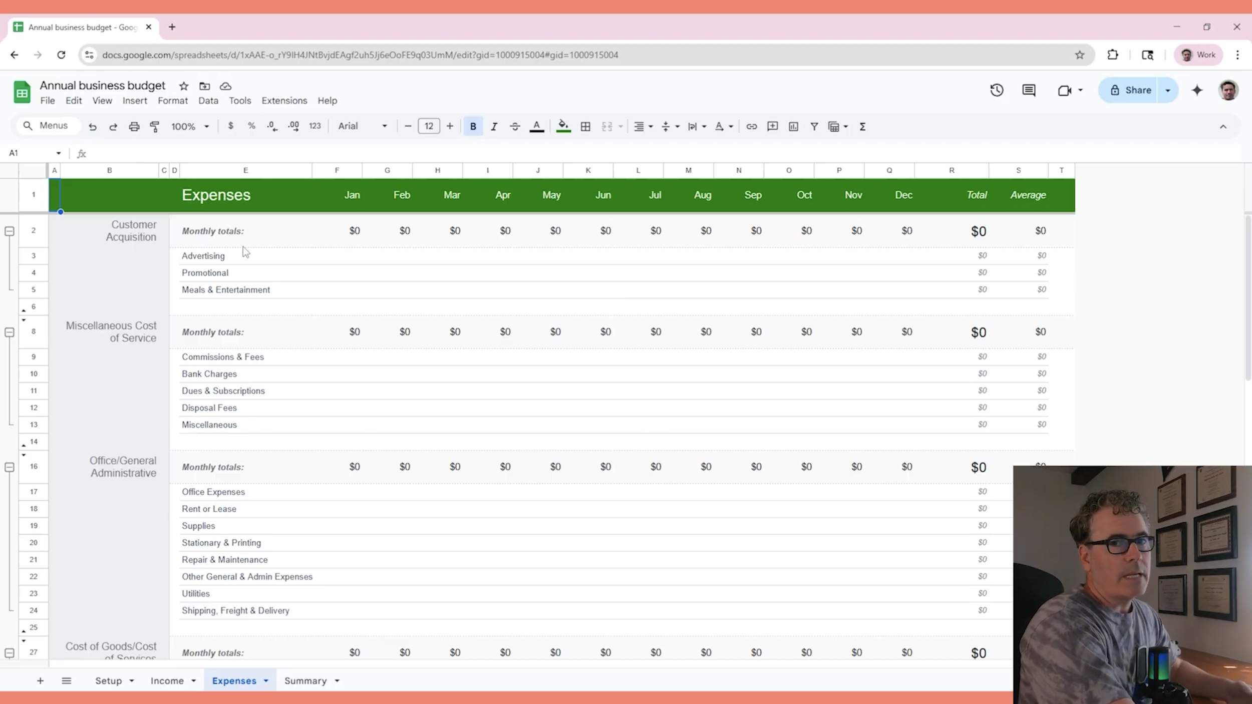 A screenshot from the course showing Tom Tarshis reviewing a budget template.