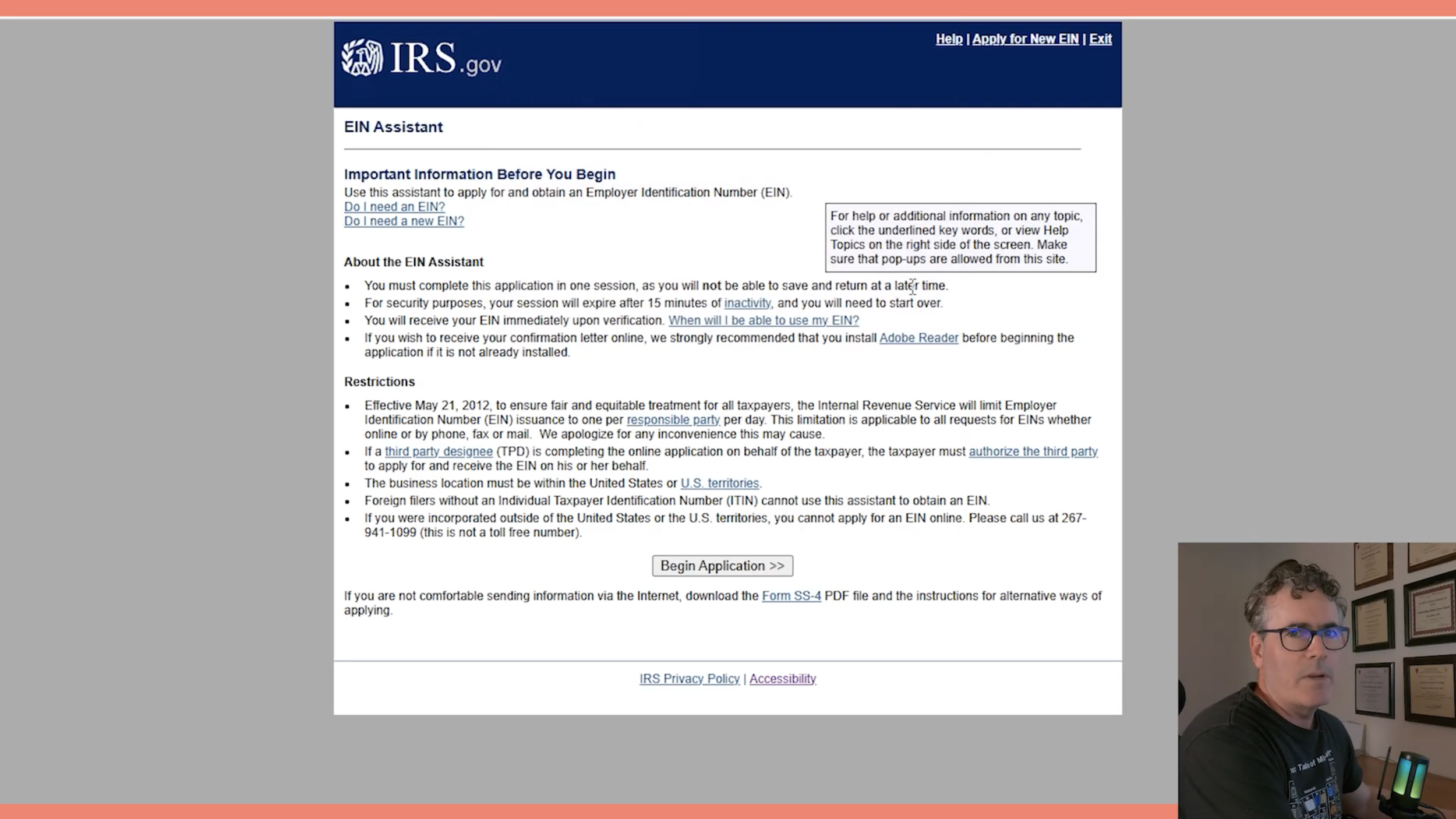 A screenshot from the course showing Tom Tarshis filling the EIN Application on the IRS website.