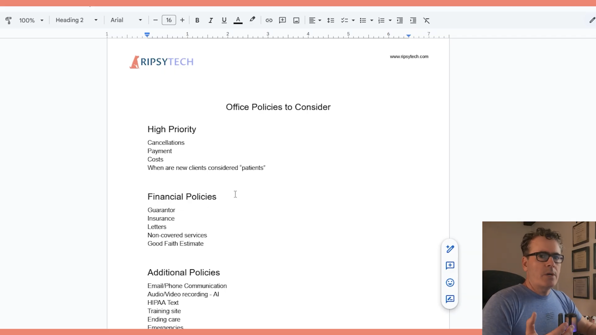 A screenshot from the course showing Tom Tarshis reviewing office policy components.