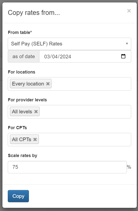 Screenshot of a software interface titled 'Copy rates from...' with options to select a table, date, locations, provider levels, and CPTs, and a button labeled 'Copy' at the bottom.
