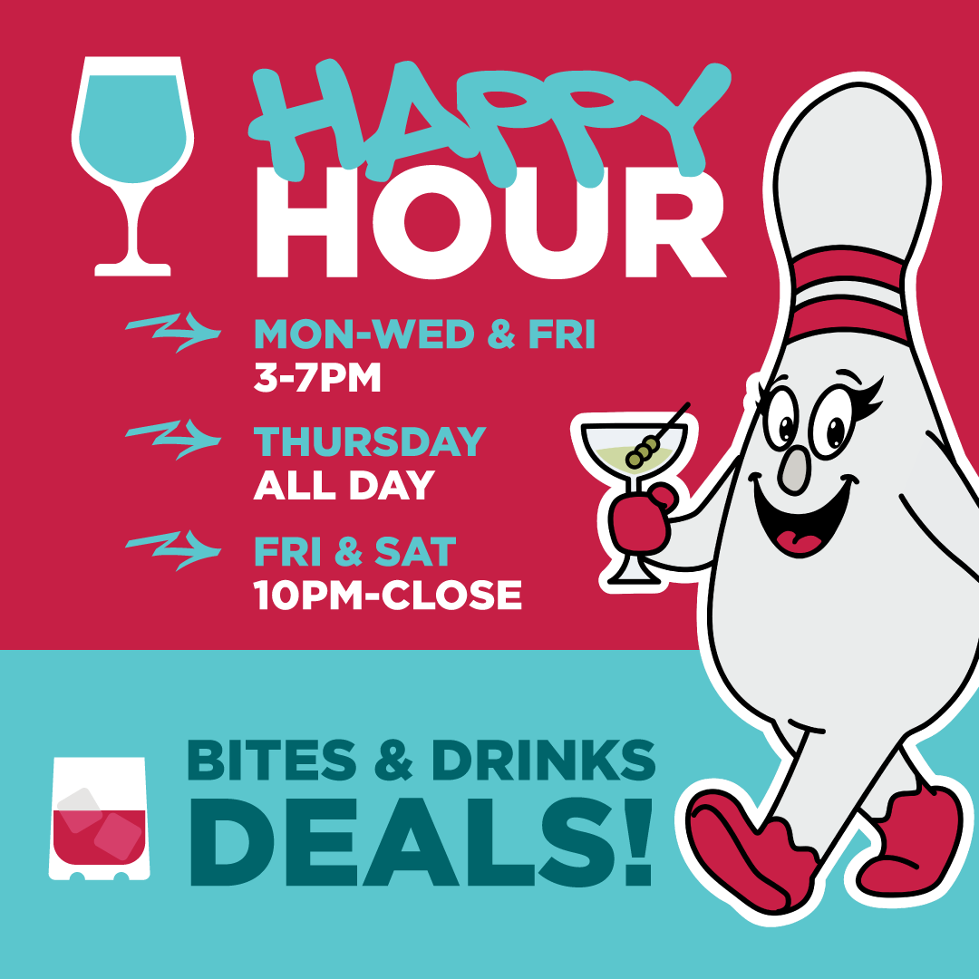 A promotional poster for a happy hour event, with details about food and drink specials, the schedule Monday through Saturday, and a background with playful patterns.
