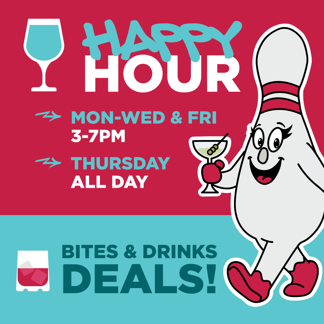 Sign advertising Thursday specials with bold text and decorative patterns, including laser tag for $6.99, game night starting at 7 PM for ages 21 and up, and all-day triple play for $19.99.